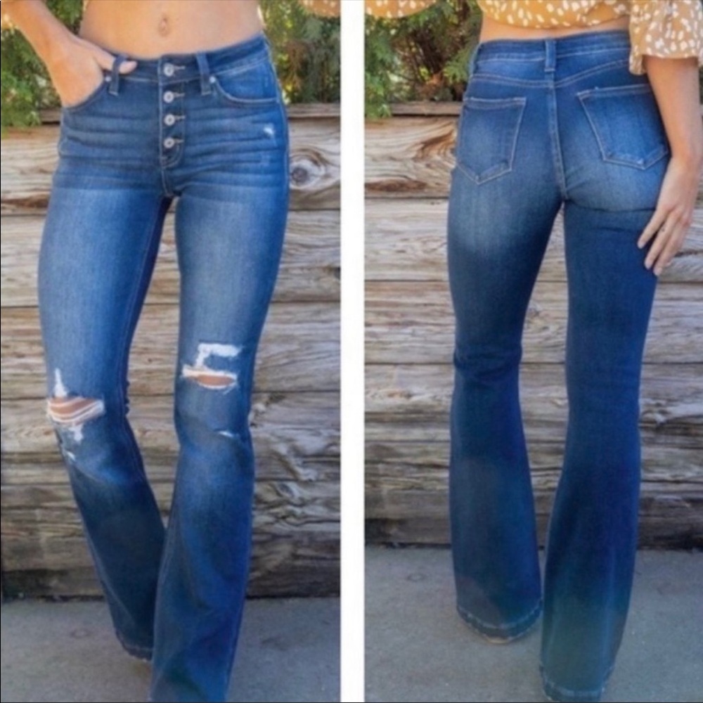 KanCan Distressed Button Fly Flare Leg Jeans Dark Wash